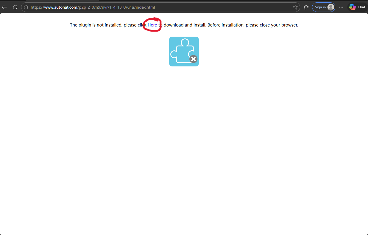 Browser page showing plugin not installed message with the word Here circled in red.