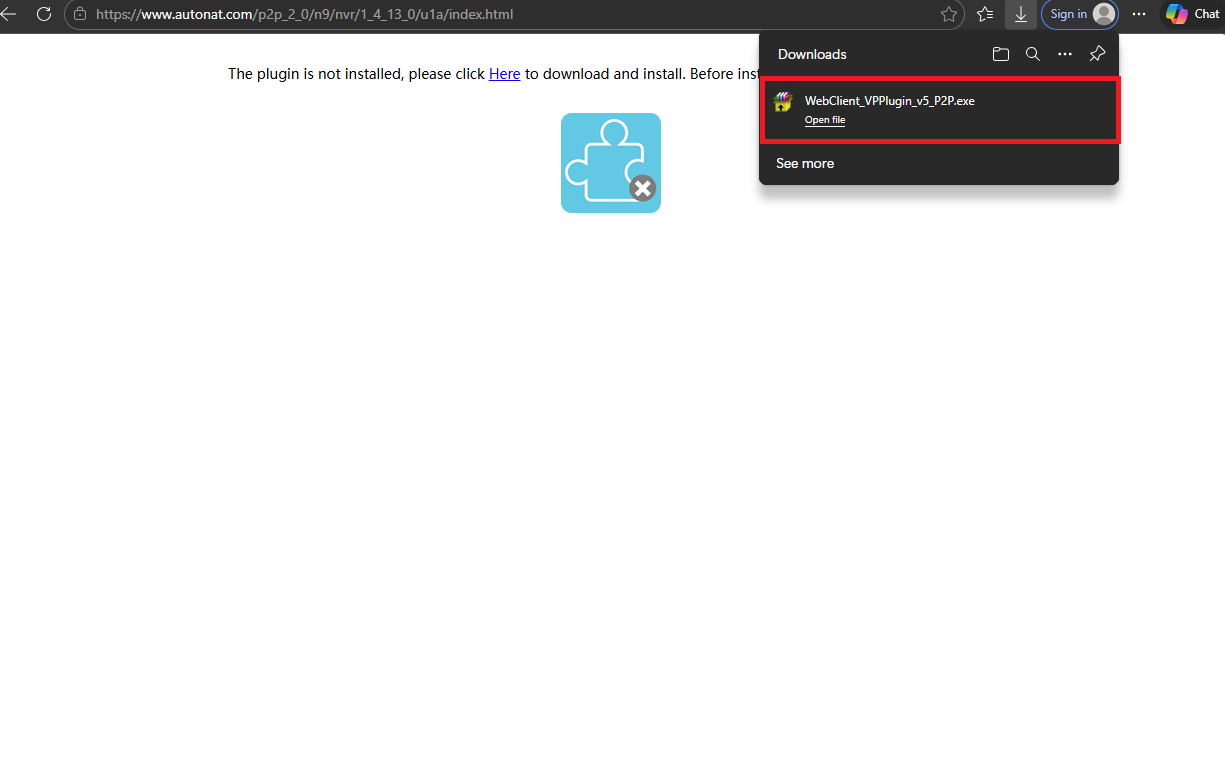 Browser Downloads panel showing WebClient_VPPlugin_v5_P2P.exe with Open file link, highlighted with a red box.