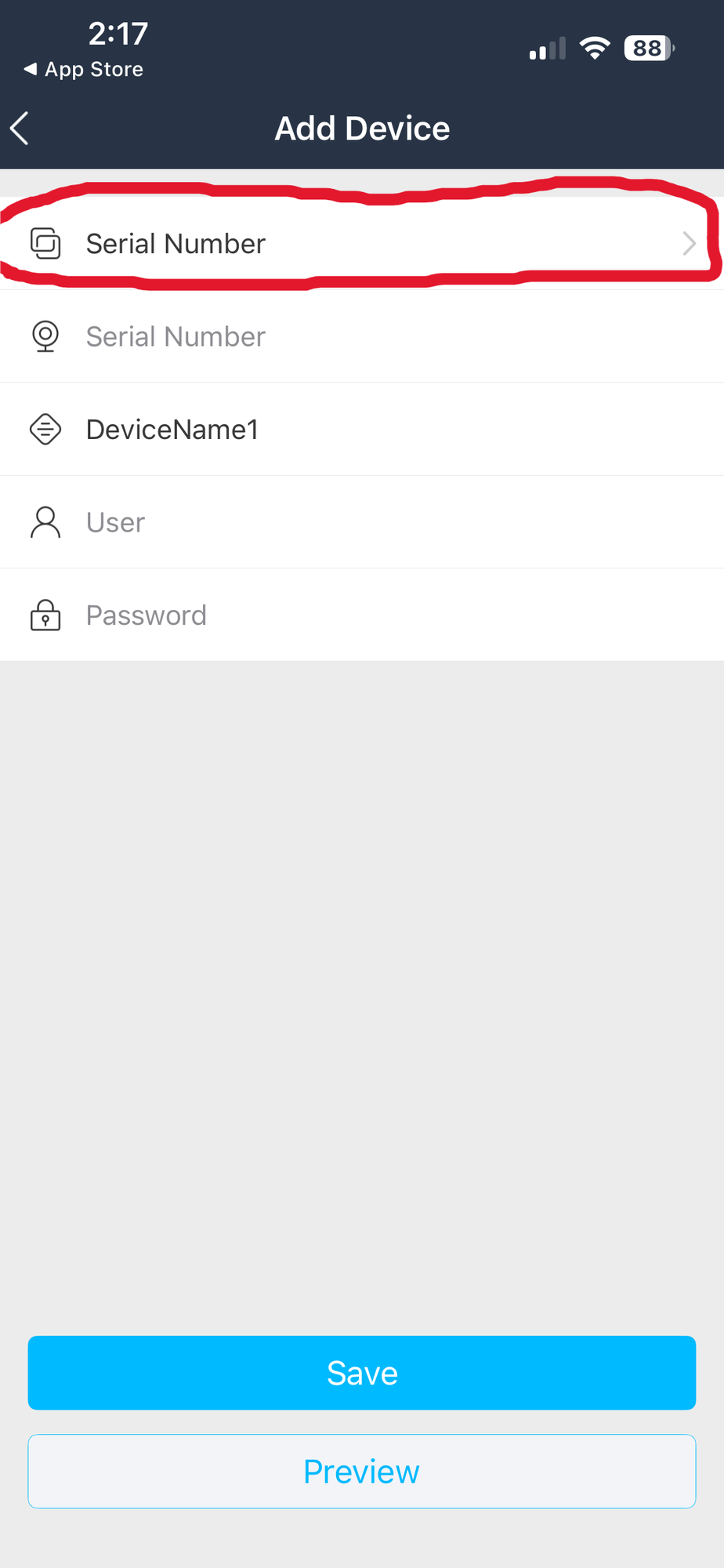 Add Device screen with the Serial Number row circled at the top. Tap it to change the mode.