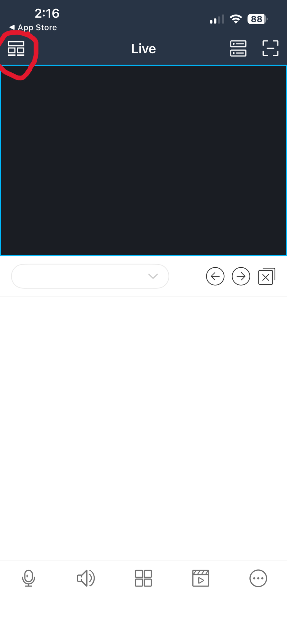 Live view screen with the menu icon circled in the top-left corner. Tap the menu icon.