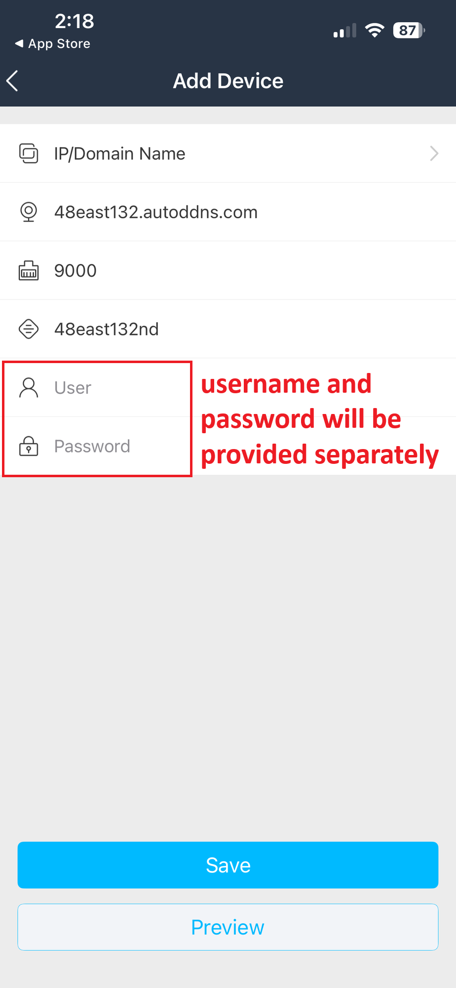 Example: Add Device form filled with 48east132.autoddns.com, port 9000, nickname 48east132nd.