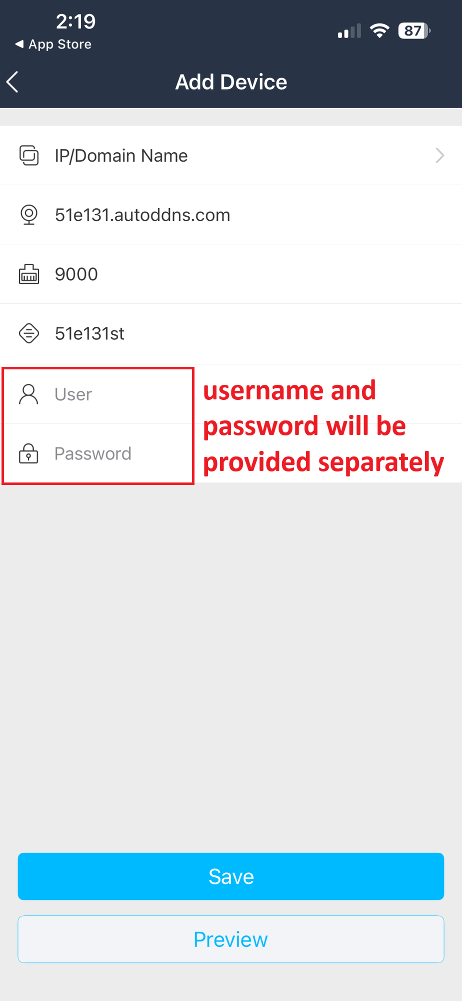 Example: Add Device form filled with 51e131.autoddns.com, port 9000, nickname 51e131st.